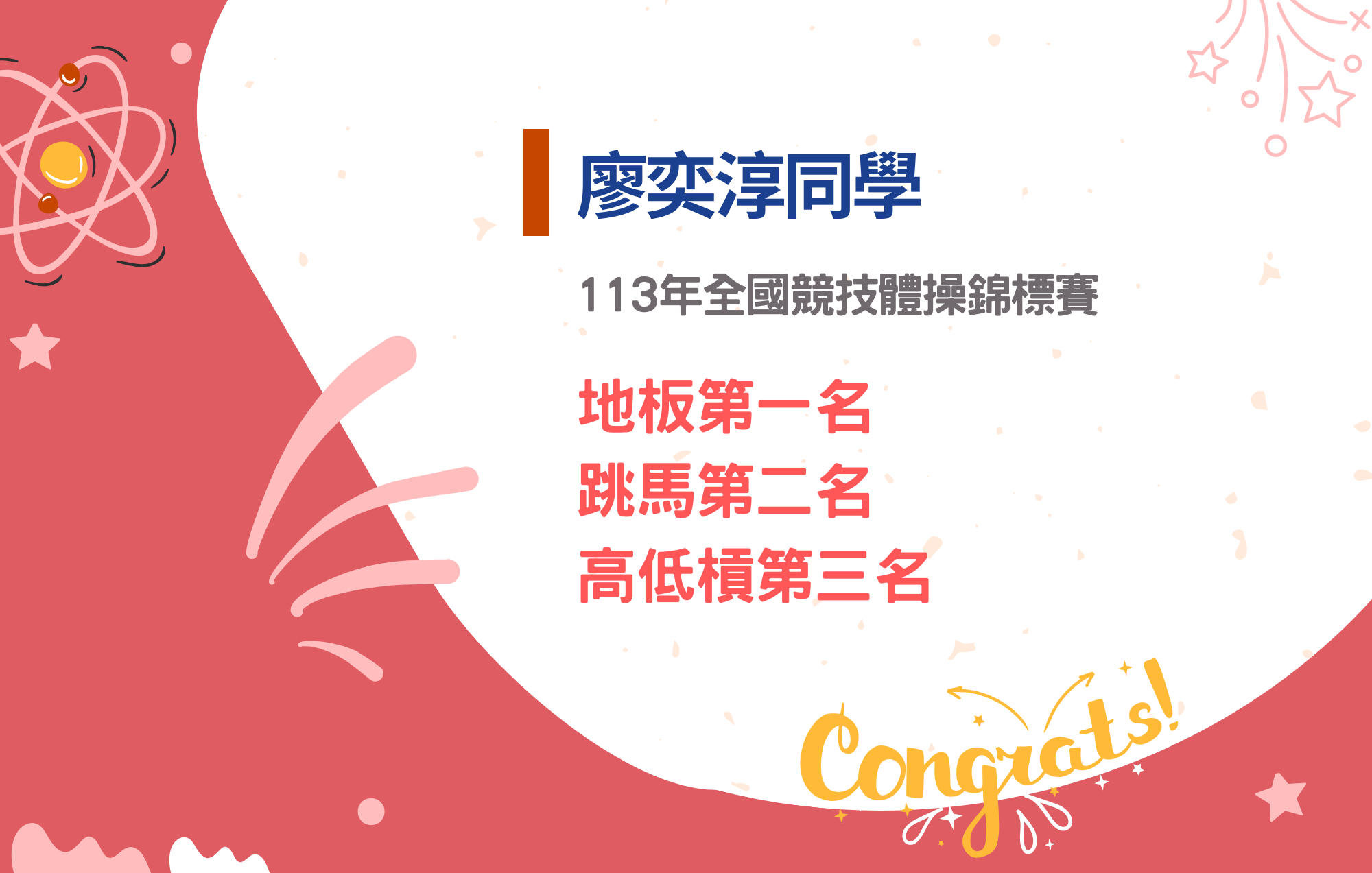 廖奕淳同學參加113年全國競技體操錦標賽榮獲地板第一名、跳馬第二名、高低槓第三名