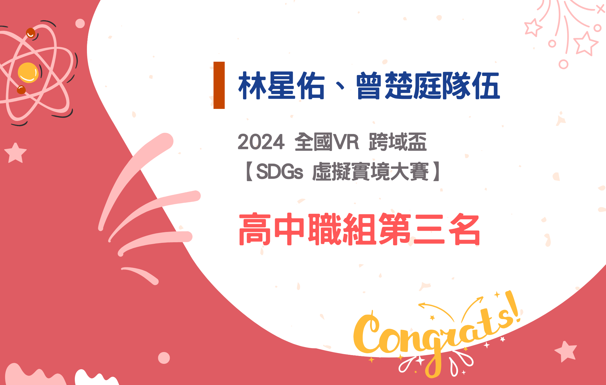 林星佑、曾楚庭隊伍參加2024全國VR跨域盃【SDGs 虛擬實境大賽】榮獲高中職組第三名