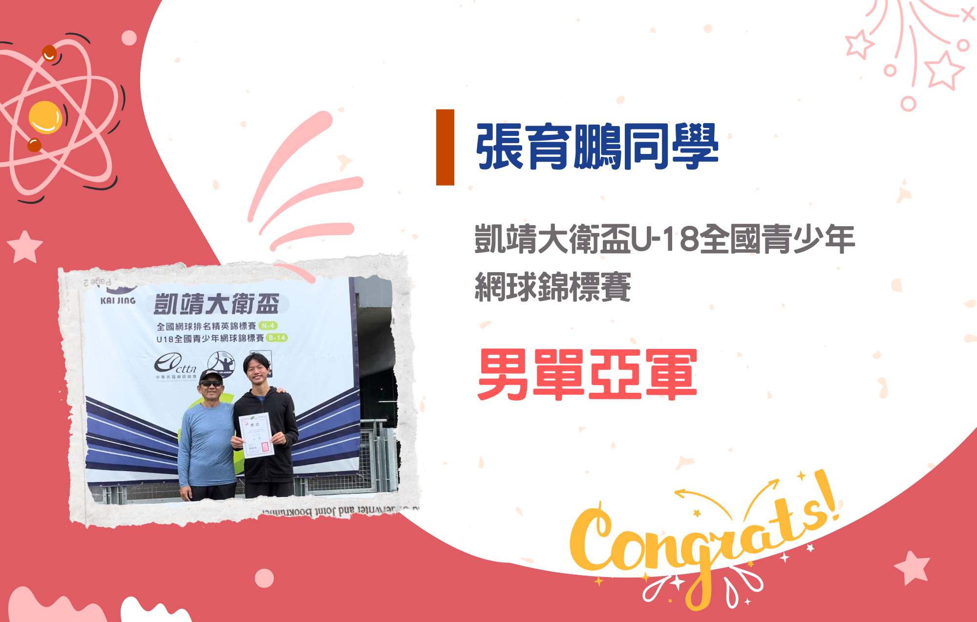 img1張育鵬同學參加凱靖大衛盃U-18全國青少年網球錦標賽榮獲男單亞軍