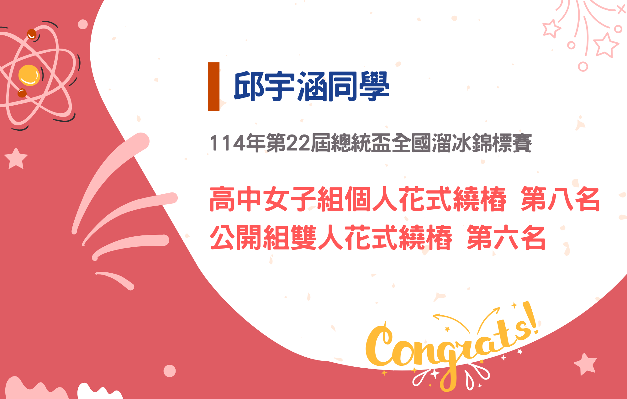 邱宇涵同學參加114年第22屆總統盃全國溜冰錦標賽榮獲高中女子組個人花式繞樁第八名﹑公開組雙人花式繞樁 第六名